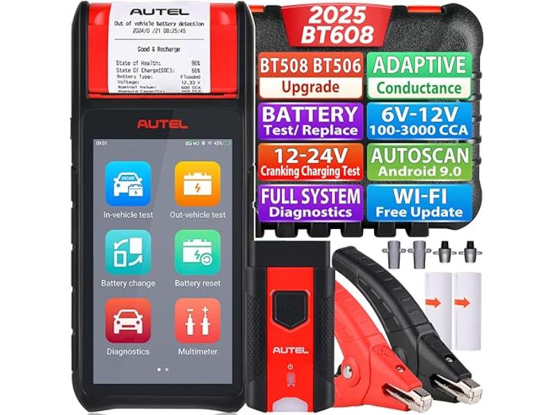 AUL-BT608-FREE 6-12V Cranking Charging System Battery Tester with Printer Adaptive, Red & Black