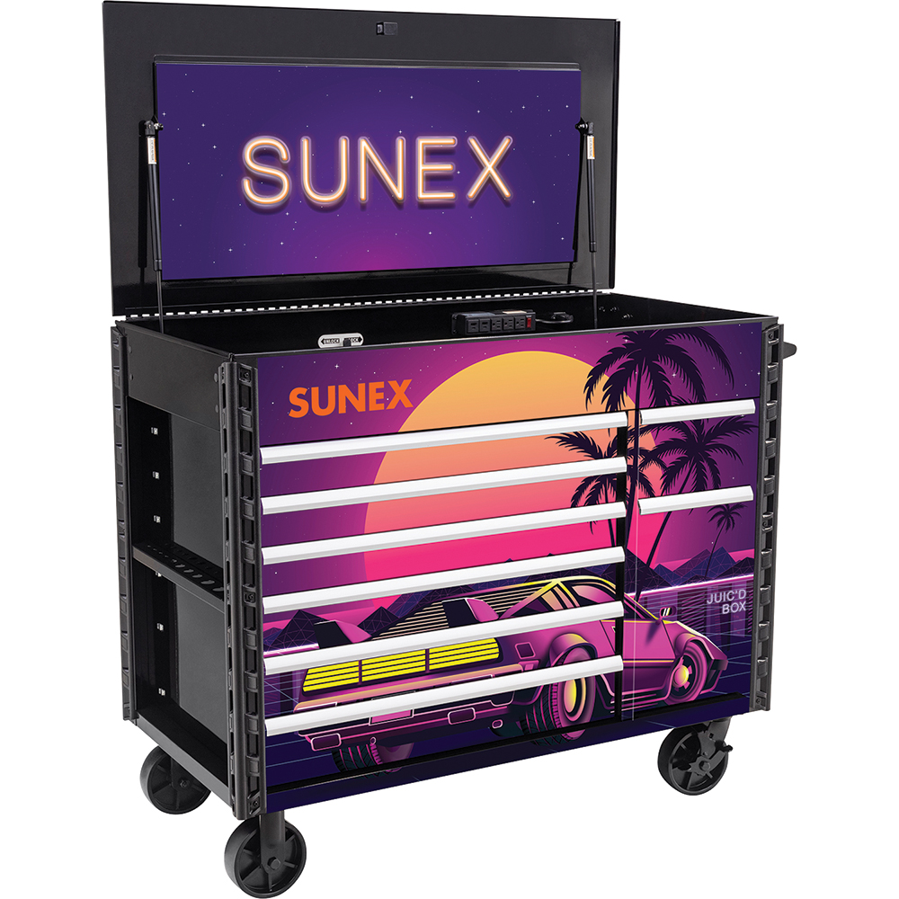 Sunex JUIC'D BOX 50 Inch 7 Drawer Powered Rolling Tool Cart with RETRO Design - 8065PCBKRETRO