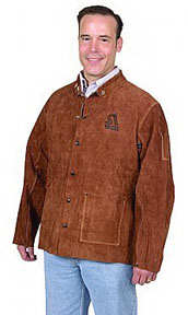Welding Jacket, Cowhide, 3 oz, 30 in Length, Snaps Closure, 2 Pockets, Brown, M