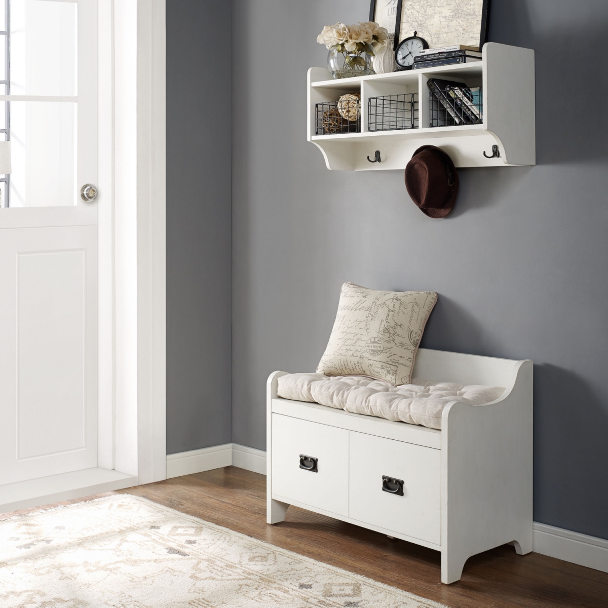 Picture of Crosley KF60003WH 2 Piece Fremont Entryway Kit - Bench, Shelf, Distressed White
