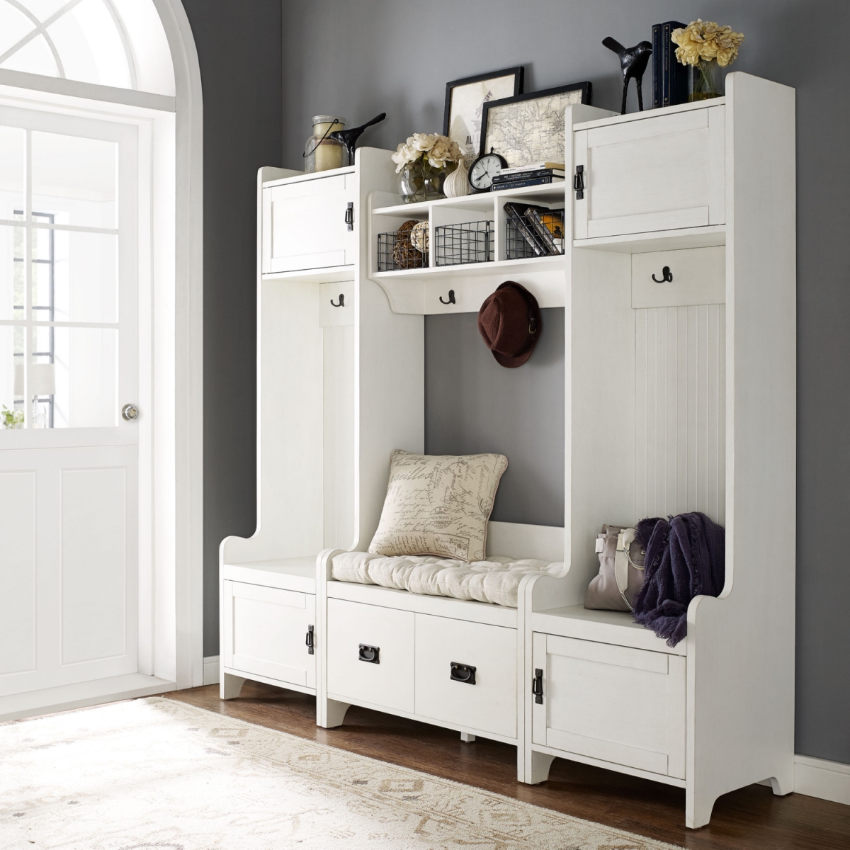 Picture of Crosley KF60006WH 4 Piece Fremont Entryway Kit - Two Towers, Bench, Shelf, Distressed White