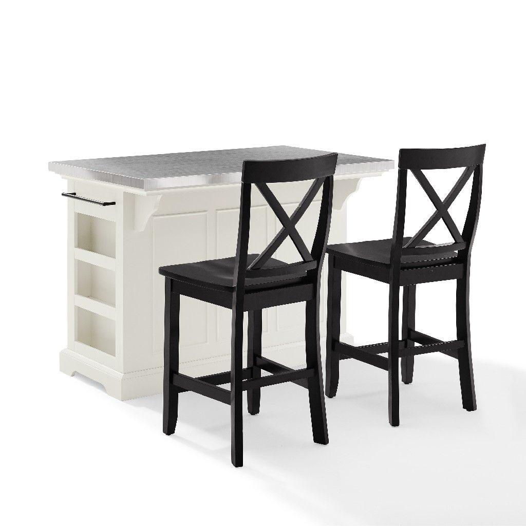 Picture of Crosley Brands KF30064WH-BK Julia Kitchen Island With X-Back & 2 Counter Height Bar Stools&#44; White & Black