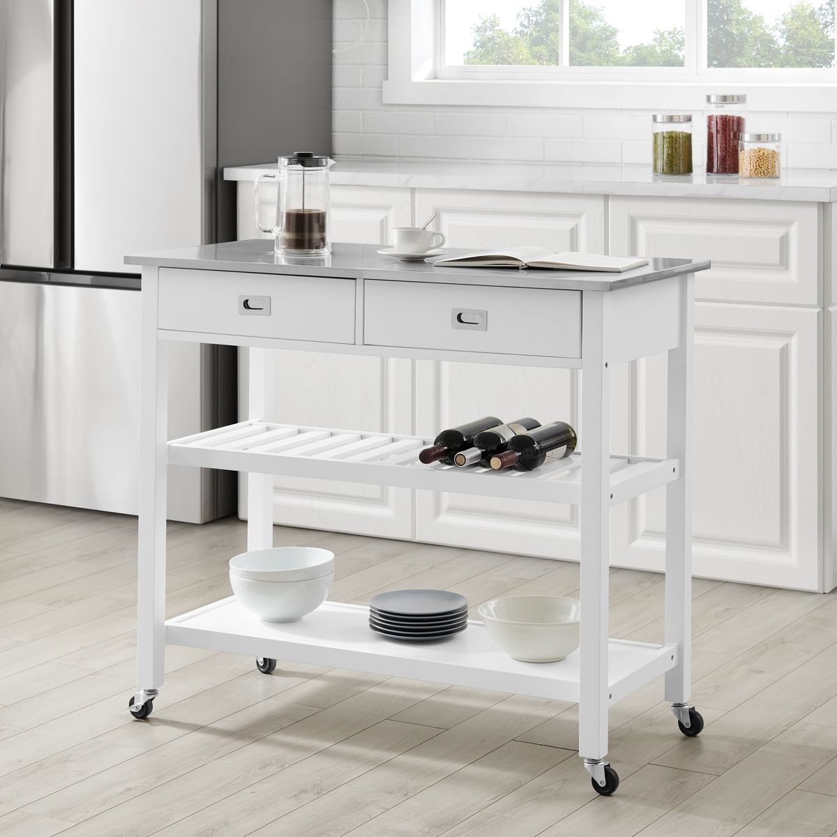 Picture of Crosley Furniture CF3027SS-WH Stainless Steel Top Kitchen Island & Cart&#44; White & Stainless Steel