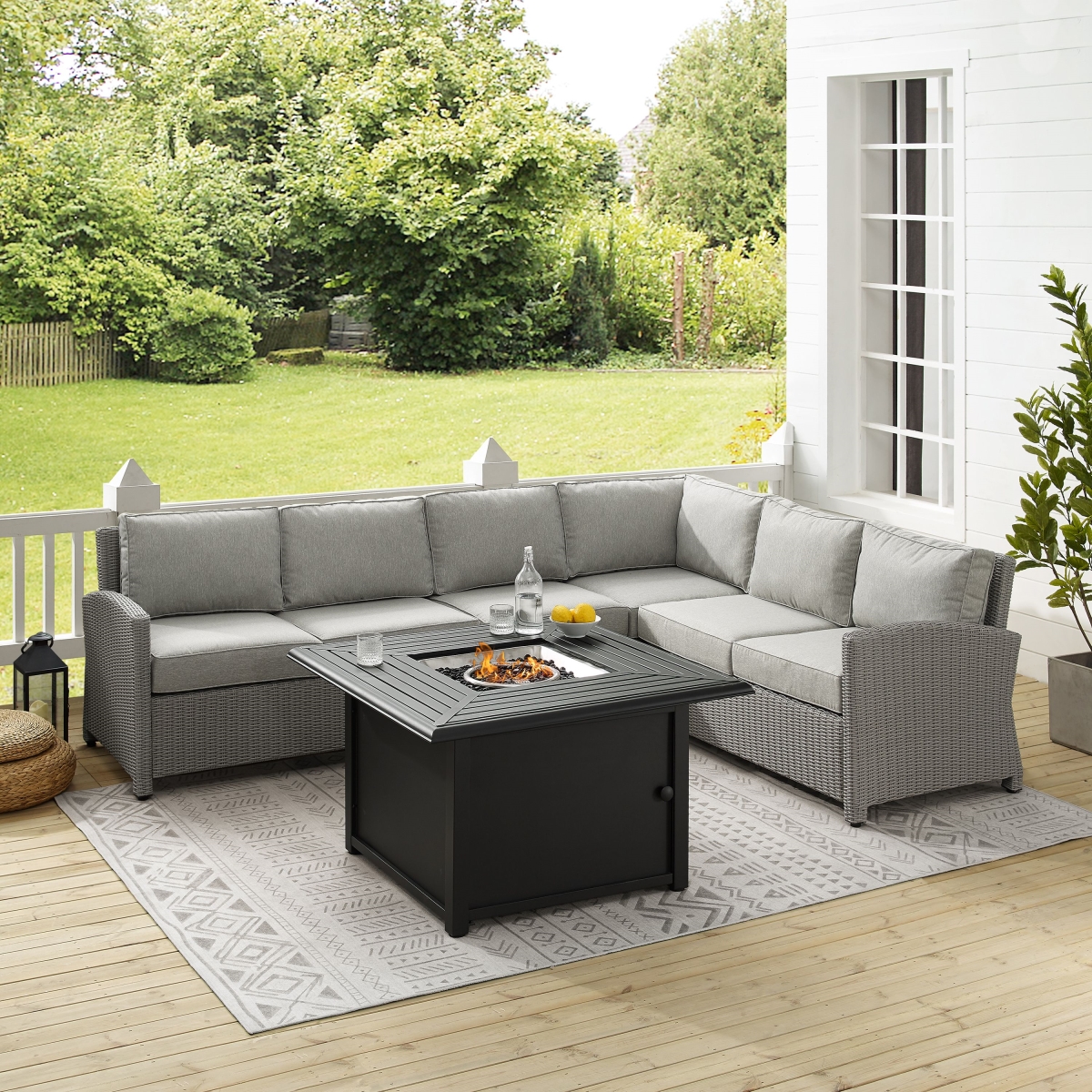 Picture of Crosley Furniture KO70167GY-GY Wicker Sectional Set with Fire Table&#44; Gray - Right Corner Loveseat&#44; Left Corner Loveseat - Center Chair - Corner Chair & Dante Fire Table - 5 Piece
