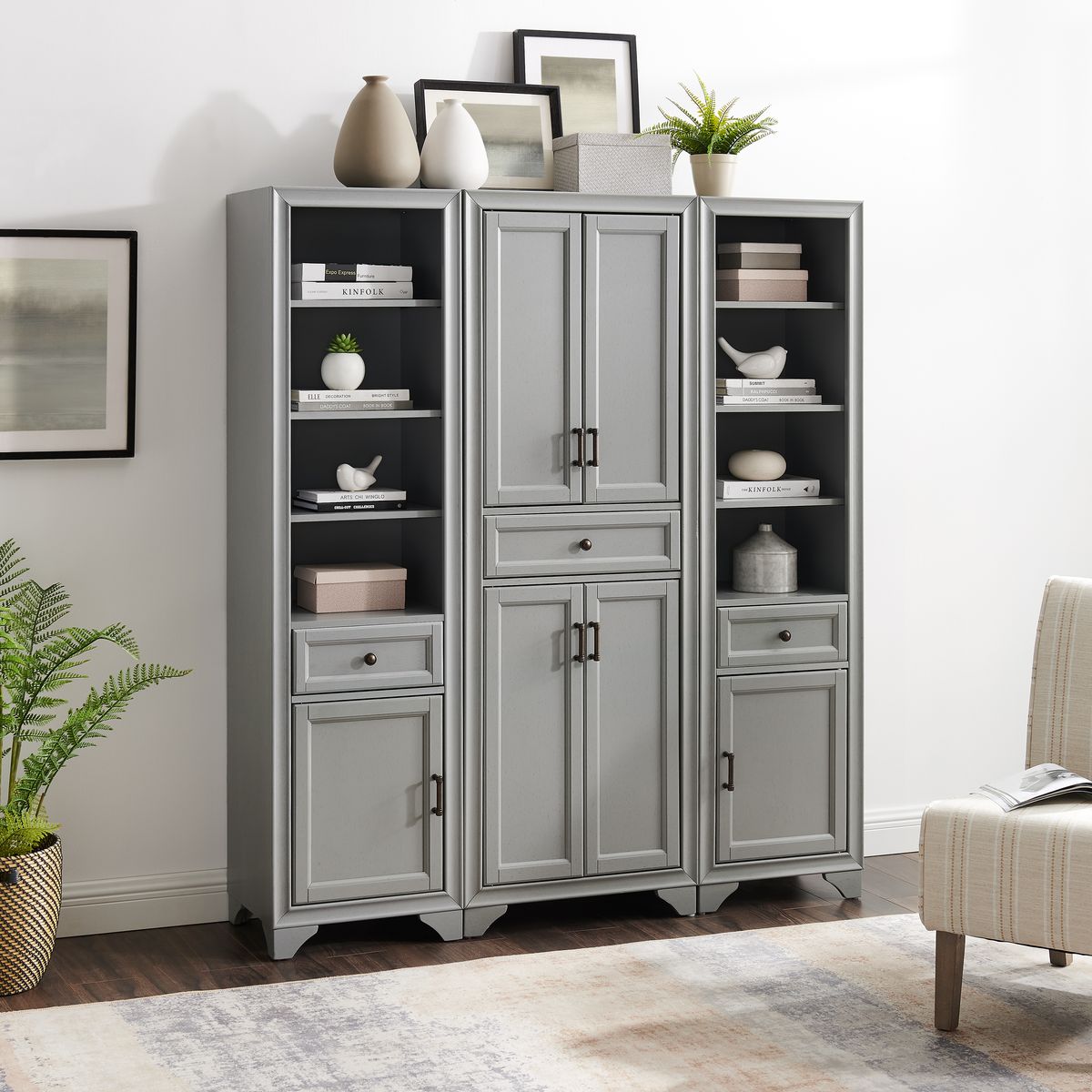 Picture of Crosley Furniture KF33006GY Pantry Set&#44; Distressed Gray - Pantry & 2 Linen Cabinets - 3 Piece