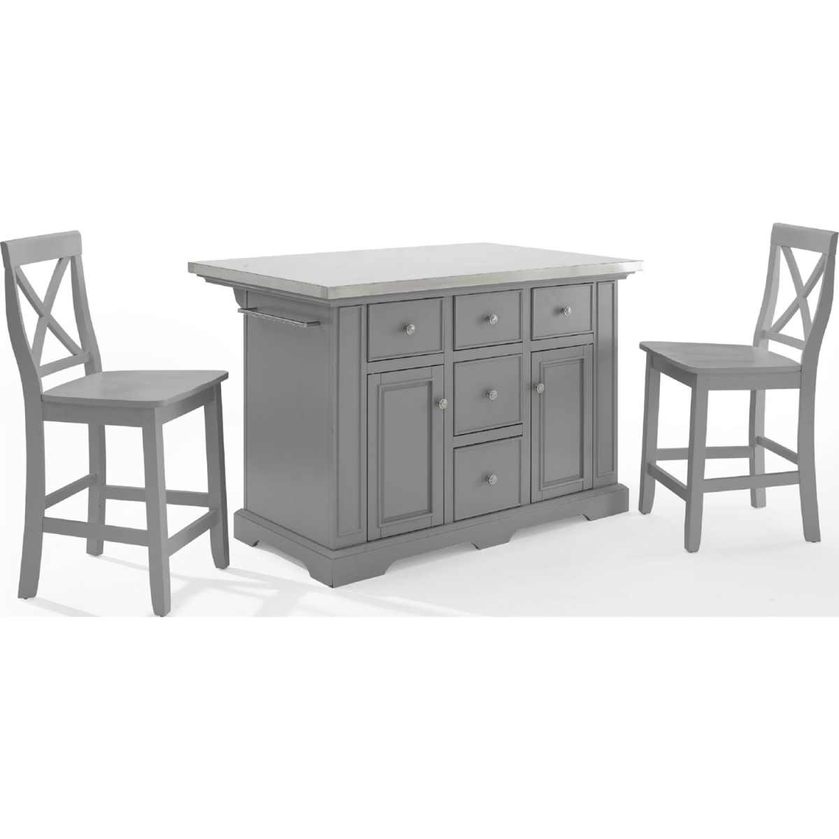 Picture of Crosley KF30064GY-GY Julia Stainless Steel Island & 2 Stools Top Island with X-Back Stools&#44; Gray & Gray