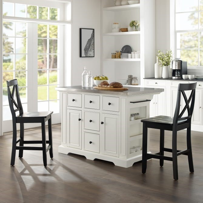 Picture of Crosley Furniture KF30064WH-WH 41 x 50 x 60 in. Julia Stainless Steel Top Island with X-Back Stools, White