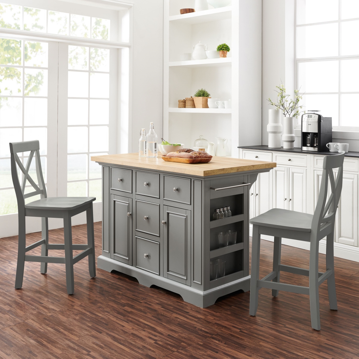 Picture of Crosley KF30067GY-GY Julia Wood Top Island & X-Back Stools for Islands & 2 Stools&#44; Gray