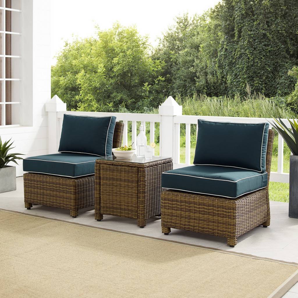 Picture of Bradenton KO70174WB-NV 32.5 x 25 x 31.5 in. Bradenton Outdoor Wicker Chair Set with Side Table & 2 Armless Chairs&#44; Navy & Weathered Brown - 3 Piece