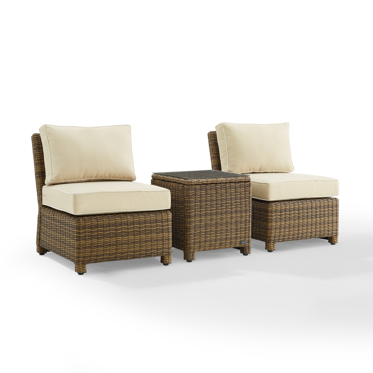 Picture of Bradenton KO70174WB-SA 32.5 x 25 x 31.5 in. Bradenton Outdoor Wicker Chair Set with Side Table & 2 Armless Chairs&#44; Sand & Weathered Brown - 3 Piece