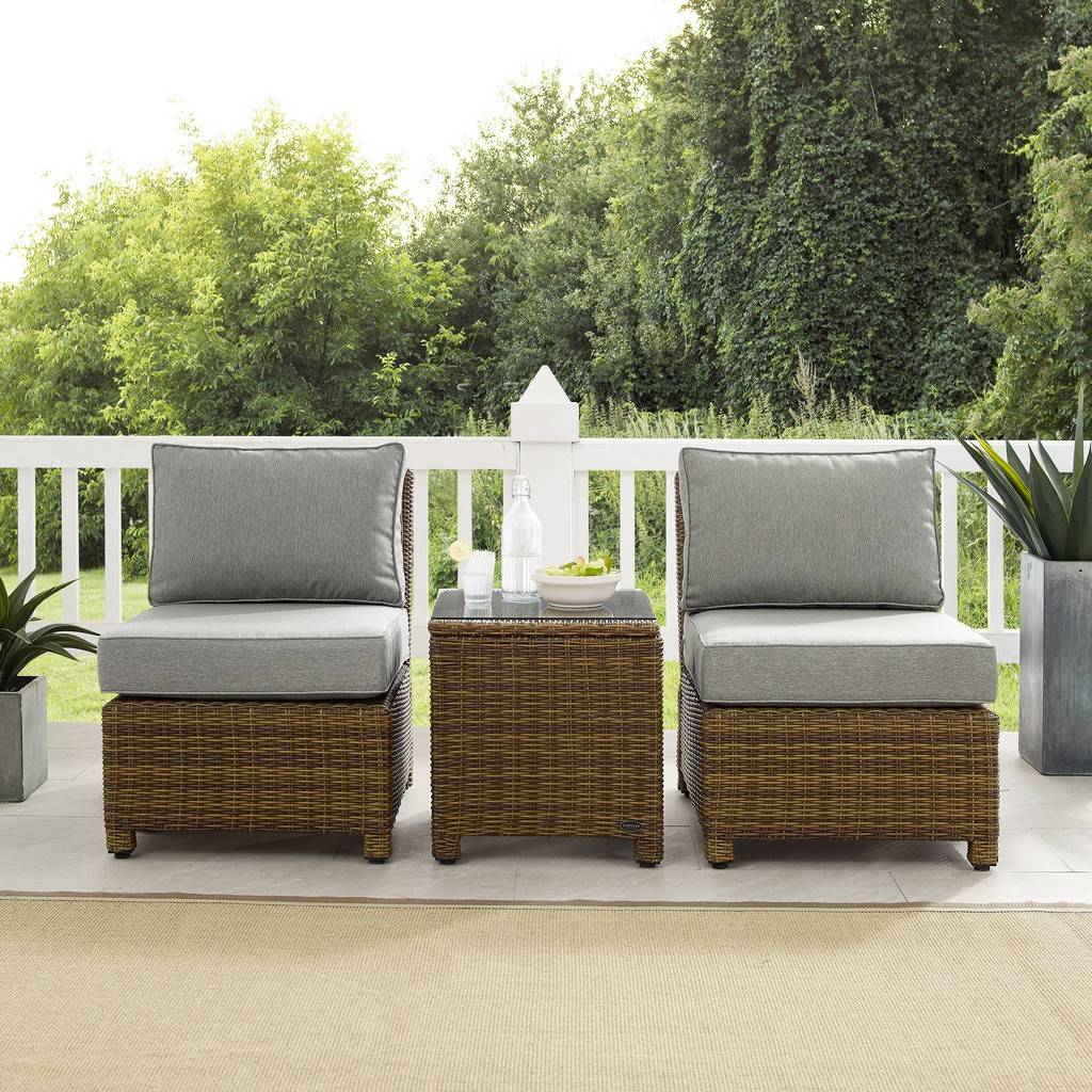 Picture of Bradenton KO70174WB-GY 32.5 x 25 x 31.5 in. Bradenton Outdoor Wicker Chair Set with Side Table & 2 Armless Chairs&#44; Gray & Weathered Brown - 3 Piece