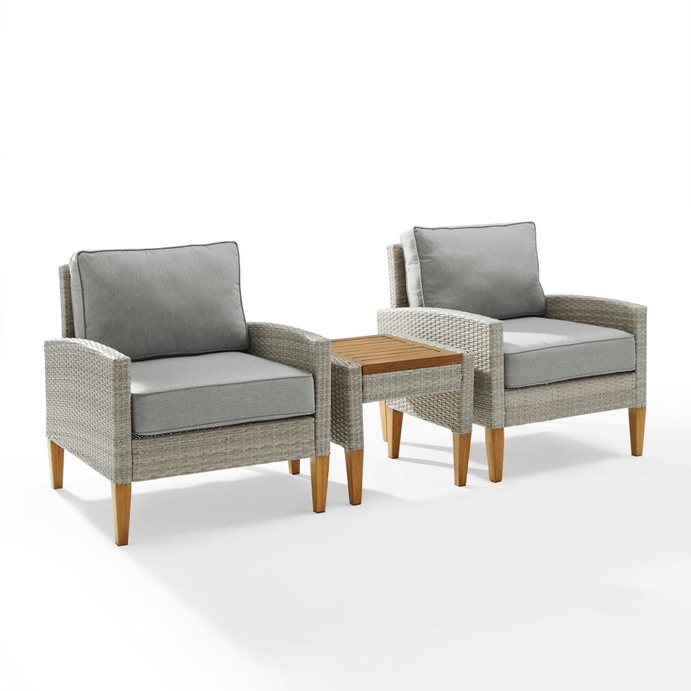 KO70195GY-AC 83 x 28.75 x 33 in. Capella Outdoor Wicker Chair Set - Side Table & 2 Armchairs, Gray & Acorn - 3 Piece -  Crosley Furniture