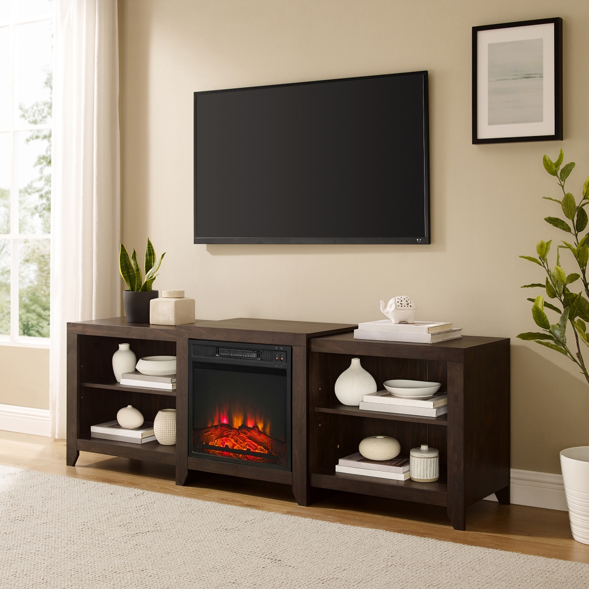 KF100969DW 69 in. Ronin Low Profile TV Stand with Fireplace, Dark Walnut -  Crosley Furniture