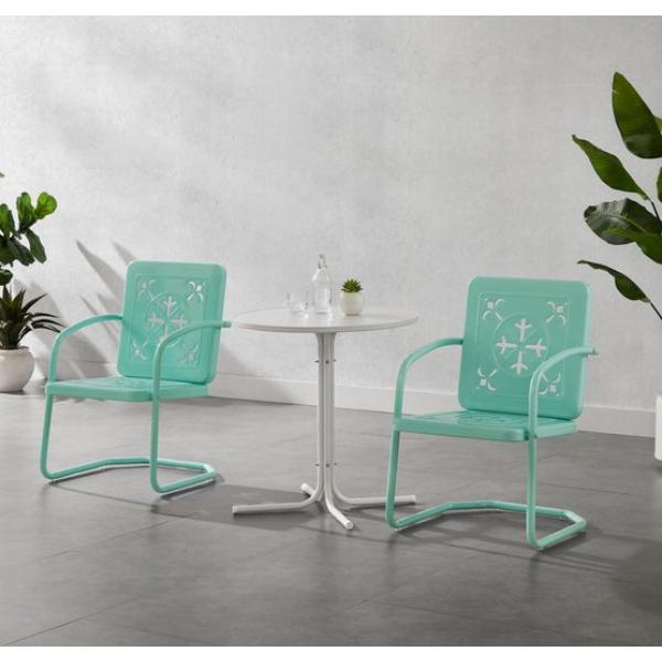 KO10023AQ 27.88 x 87 x 35 in. Azalea Retro Outdoor Bistro Set, Aqua Gloss & White Satin - Bistro Table & 2 Chairs - 3 Piece