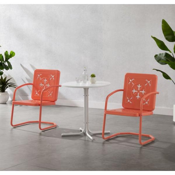 KO10023CO 27.88 x 87 x 35 in. Azalea Retro Outdoor Bistro Set, Coral Gloss & White Satin - Bistro Table & 2 Chairs - 3 Piece