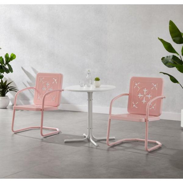 KO10023PI 27.88 x 87 x 35 in. Azalea Retro Outdoor Bistro Set, Pastel Pink Gloss & White Satin - Bistro Table & 2 Chairs - 3 Piece