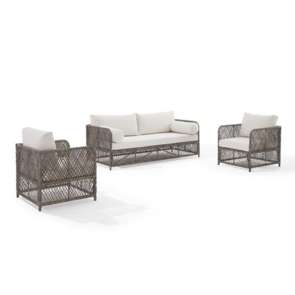 KO70365ST-CR 133 x 80 x 33.75 in. Granite Bay Wicker Outdoor Sofa Patio Furniture Set, Creme & Stone - Sofa & 2 Chairs - 3 Piece