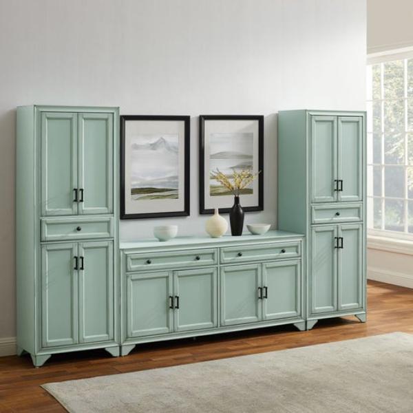 KF33012BL 108.5 x 15 x 67.75 in. Tara Sideboard & Pantry Set, Distressed Seafoam Blue - Sideboard & 2 Pantries - 3 Piece