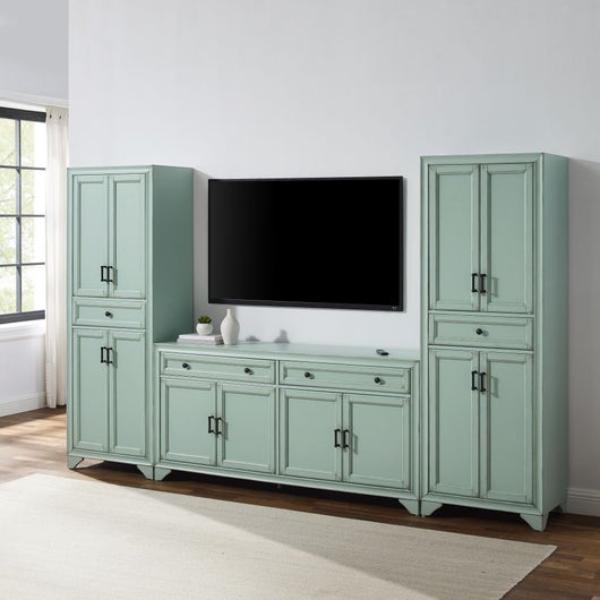 KF33013BL 108.5 x 15 x 67.75 in. Tara Entertainment Center, Distressed Seafoam Blue - Sideboard & 2 Pantries - 3 Piece