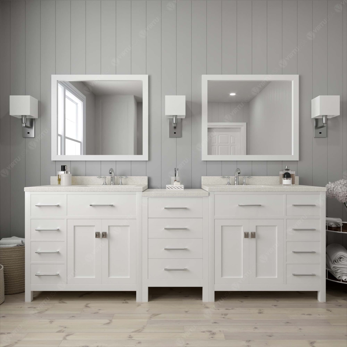 MD-2193-DWQSQ-WH-NM 93 in. Caroline Parkway Double Bathroom Vanity in White with White Quartz Top & Square Sinks -  VIRTU USA