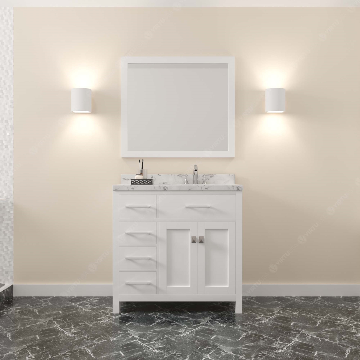 MS-2136L-CMRO-WH-NM 36 in. Caroline Parkway Single Bath Vanity with Cultured Marble Quartz Top & Left Side Round Sink - White -  Modern Fittings