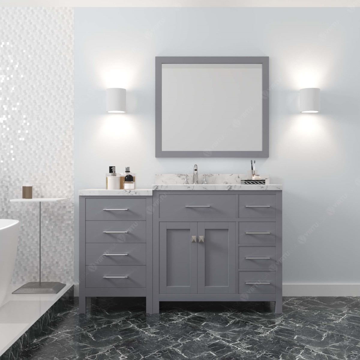 MS-2157R-CMRO-GR-NM 57 in. Caroline Parkway Single Bath Vanity with Cultured Marble Quartz Top & Right Side Round Sink - Gray -  Modern Fittings