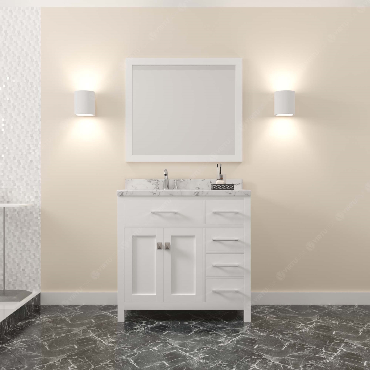 MS-2136R-CMRO-WH-NM 36 in. Caroline Parkway Single Bath Vanity with Cultured Marble Quartz Top & Right Side Round Sink - White -  Modern Fittings