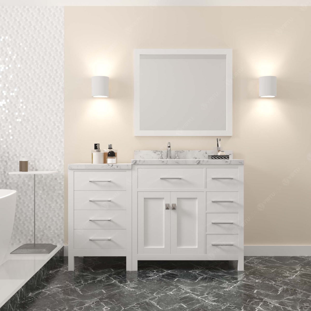 MS-2157R-CMSQ-WH-NM 57 in. Caroline Parkway Single Bathroom Vanity with Cultured Marble Quartz Top & Square Sink, White -  Modern Fittings