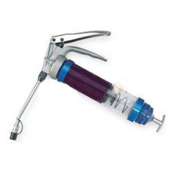 Grease Gun, Pistol Grip Handle, Cartridge Load, Variable Stroke, 14 1/2 oz, Manual, 33 stroke/oz, Clear