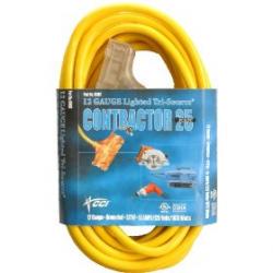 Extension Cord, 12 AWG, 12/3, 3 Outlets, Yellow, 25 ft