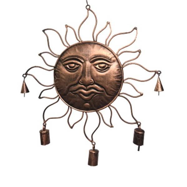 Sun Face Bell Wind Chime, Copper Patina