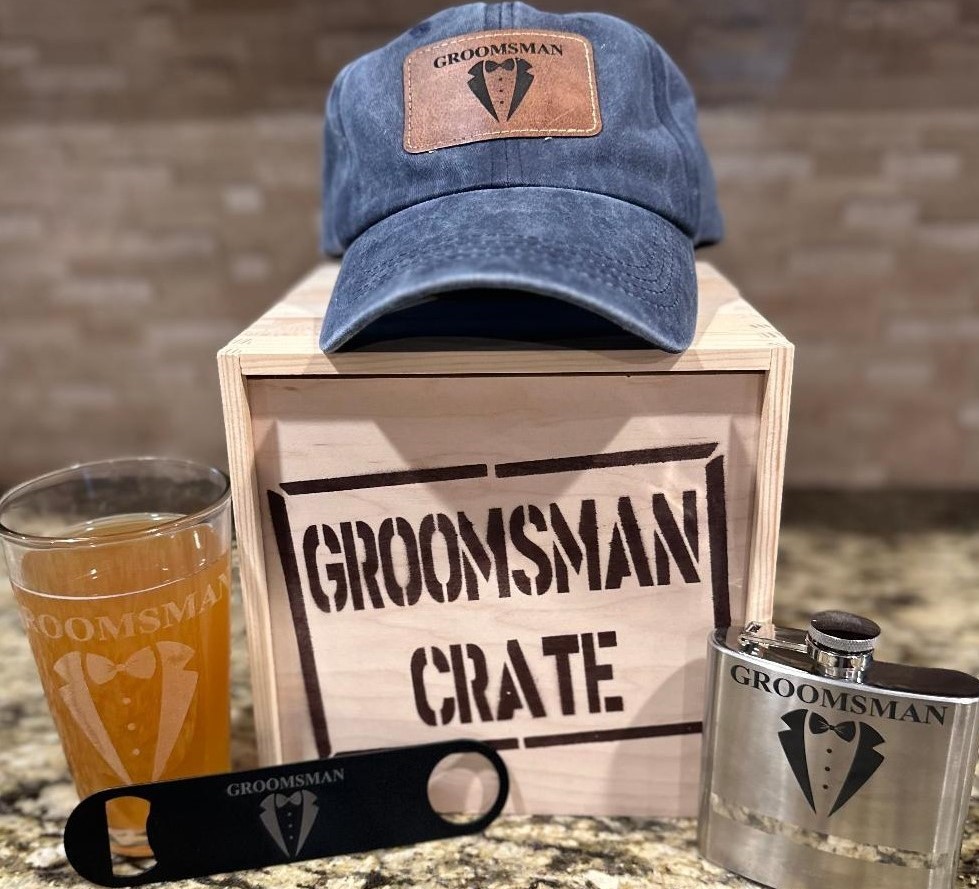 Groomsman Gift Set - 5 Items Including Crate, Hat, Flask, Pint Glass & Bottle Opener by OhioBasketChic
