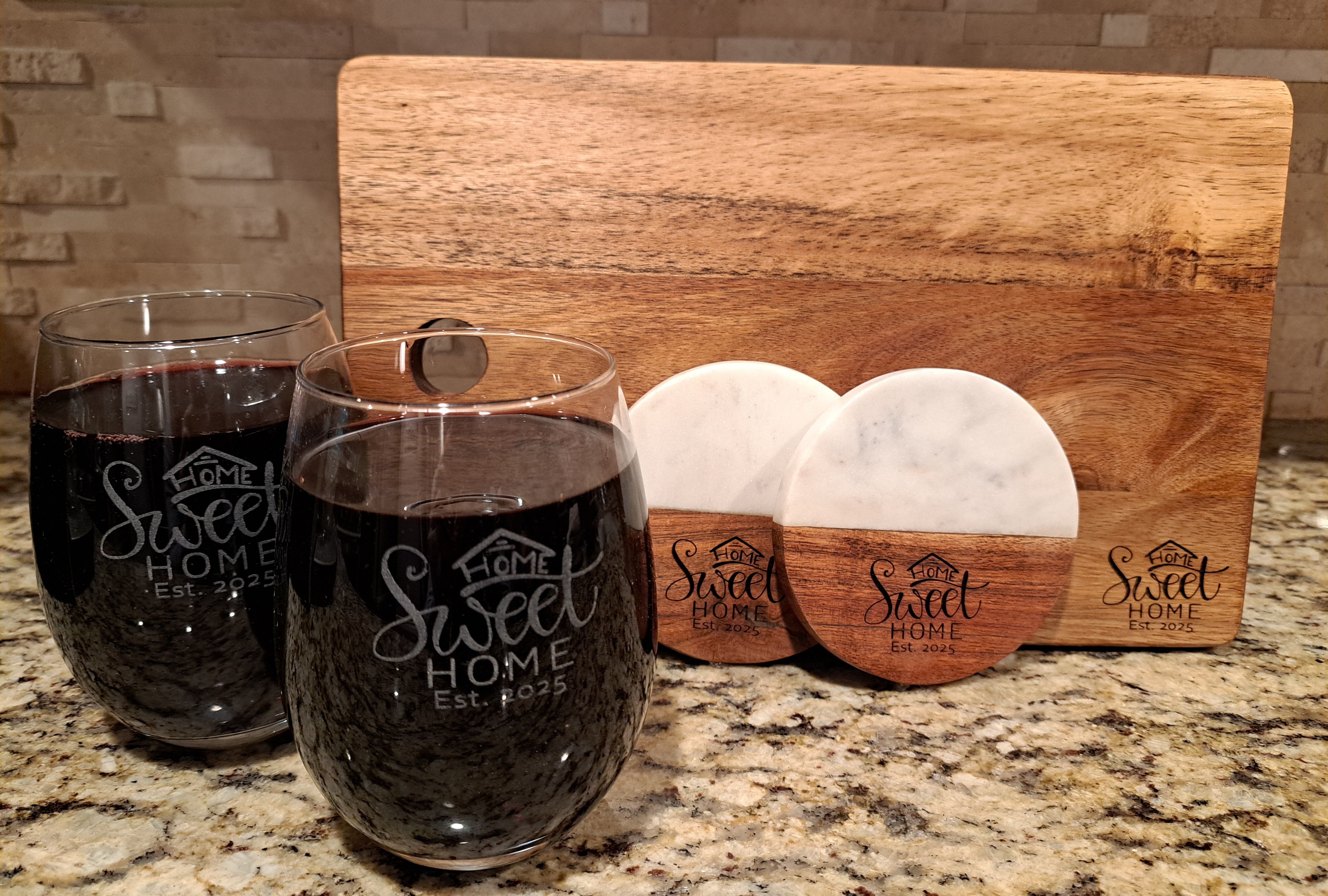 5 Piece Home Sweet Home Gift Set with Cutting Board, 2 Coasters & 2 Stemless Wine Glasses - Perfect Closing Gift or Housewarming Gift