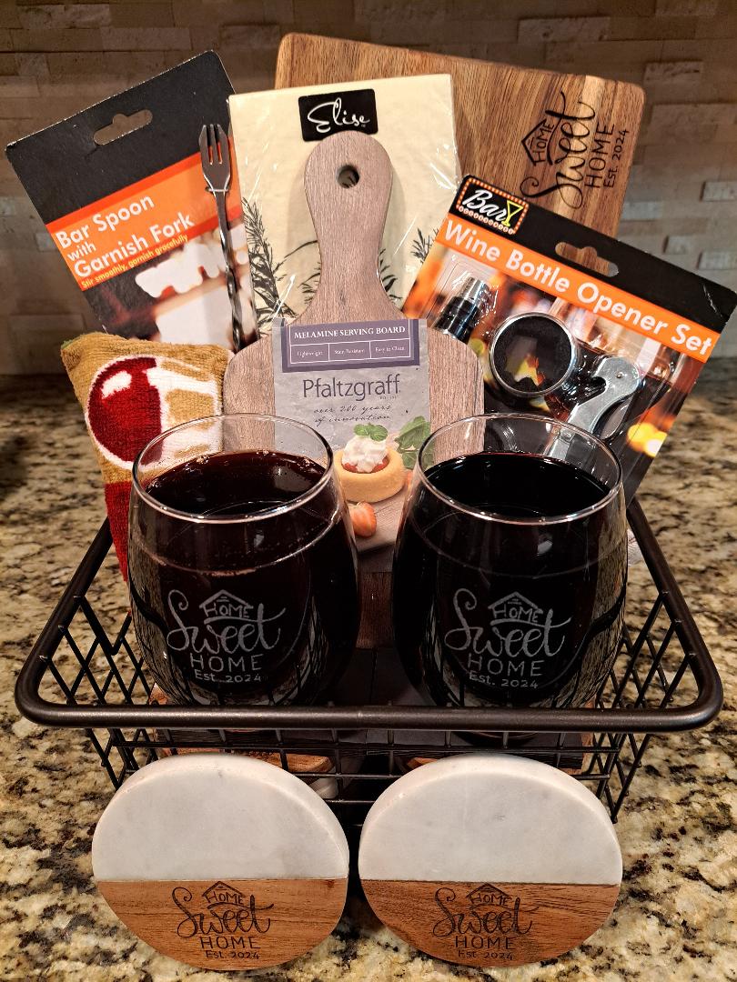 Home Sweet Home Gift Basket with Engraved Cutting Board, Wine Glasses & Coasters - Perfect for Realtor Closing Gifts, Housewarming Gifts
