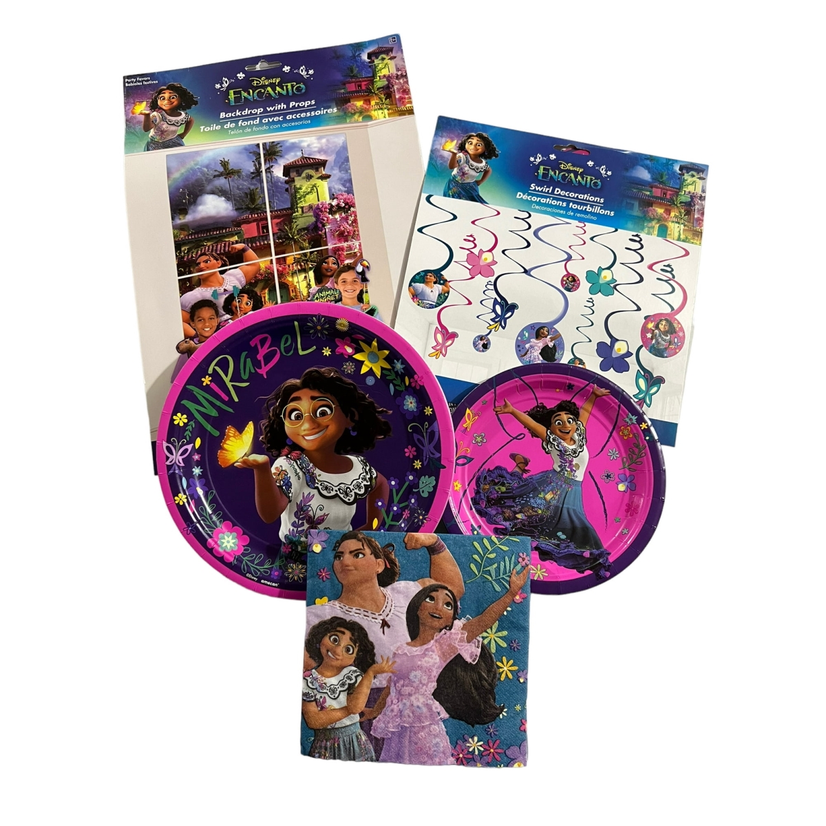 Picture of Amscan 143192PMM592 Disney Encanto Party Bundle for up to 8 guests with Dinner & Dessert Plates - Napkins - Swirl Decorations & Backdrop with Props