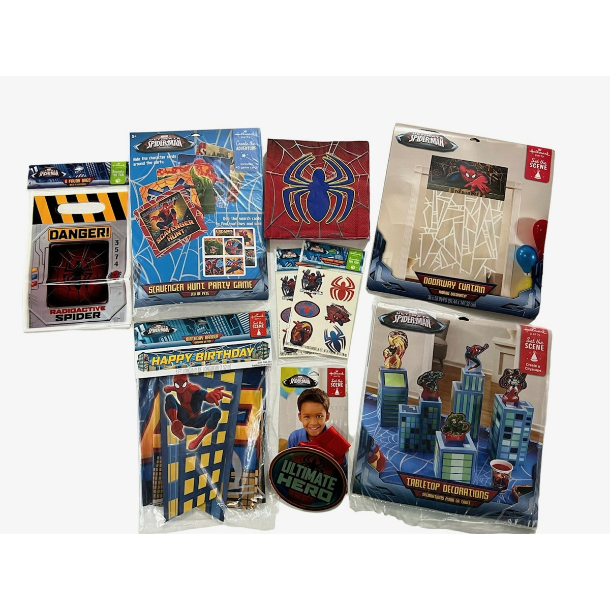 Picture of Hallmark 143192PMM573 Spiderman Party Bundle with Napkins - Favor Bags - Guest of Honor Ribbon - Doorway Curtain - Scavenger Hunt Game - Table Top Decorations - Tattoos & Birthday Banner