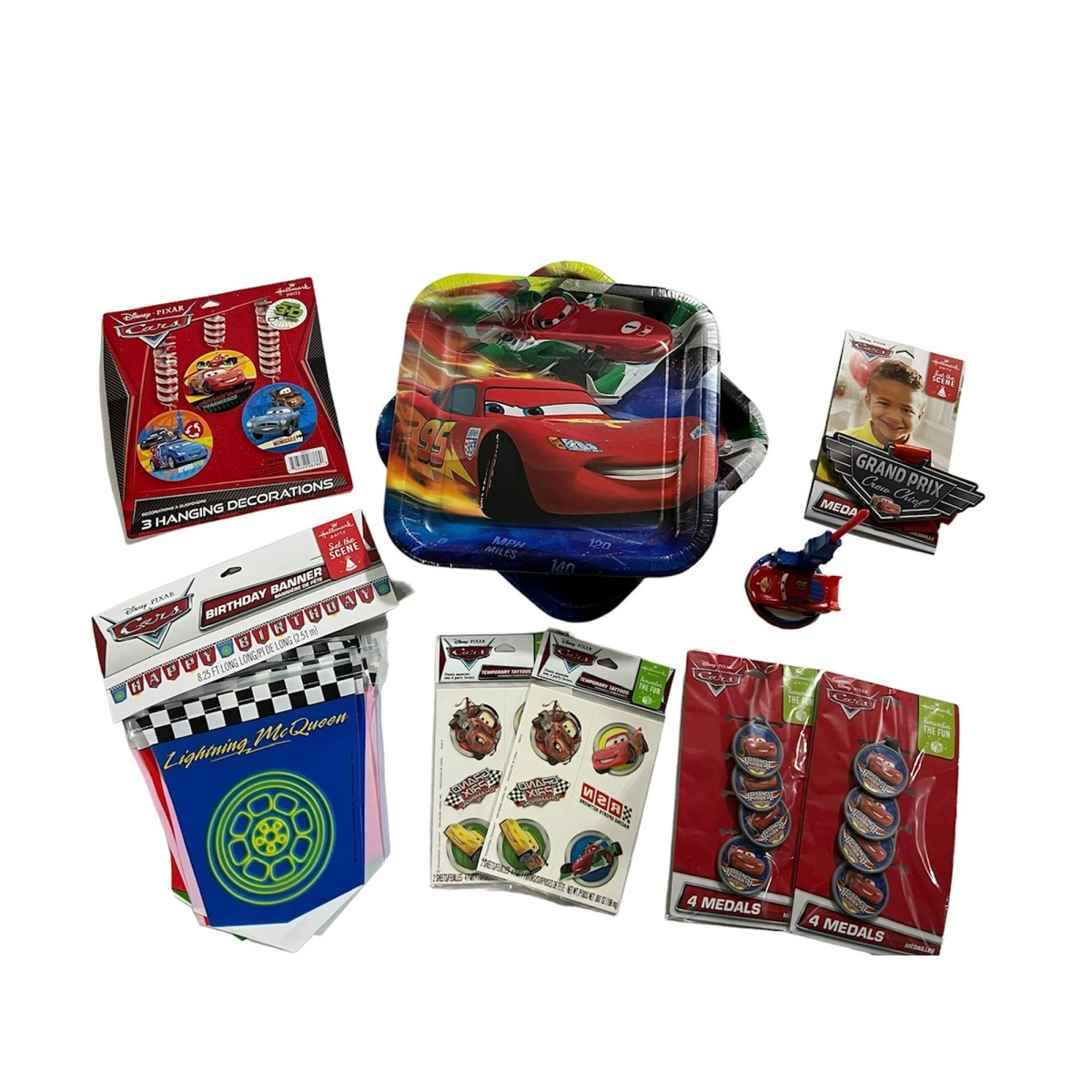 Picture of Hallmark 143192PMM591 Cars Party Kit for 8 with Plates - Banner - Hanging Decor - Candle - Tattoos - Medals & Honor Medal - Lightning McQueen Party&#44; Multi Color