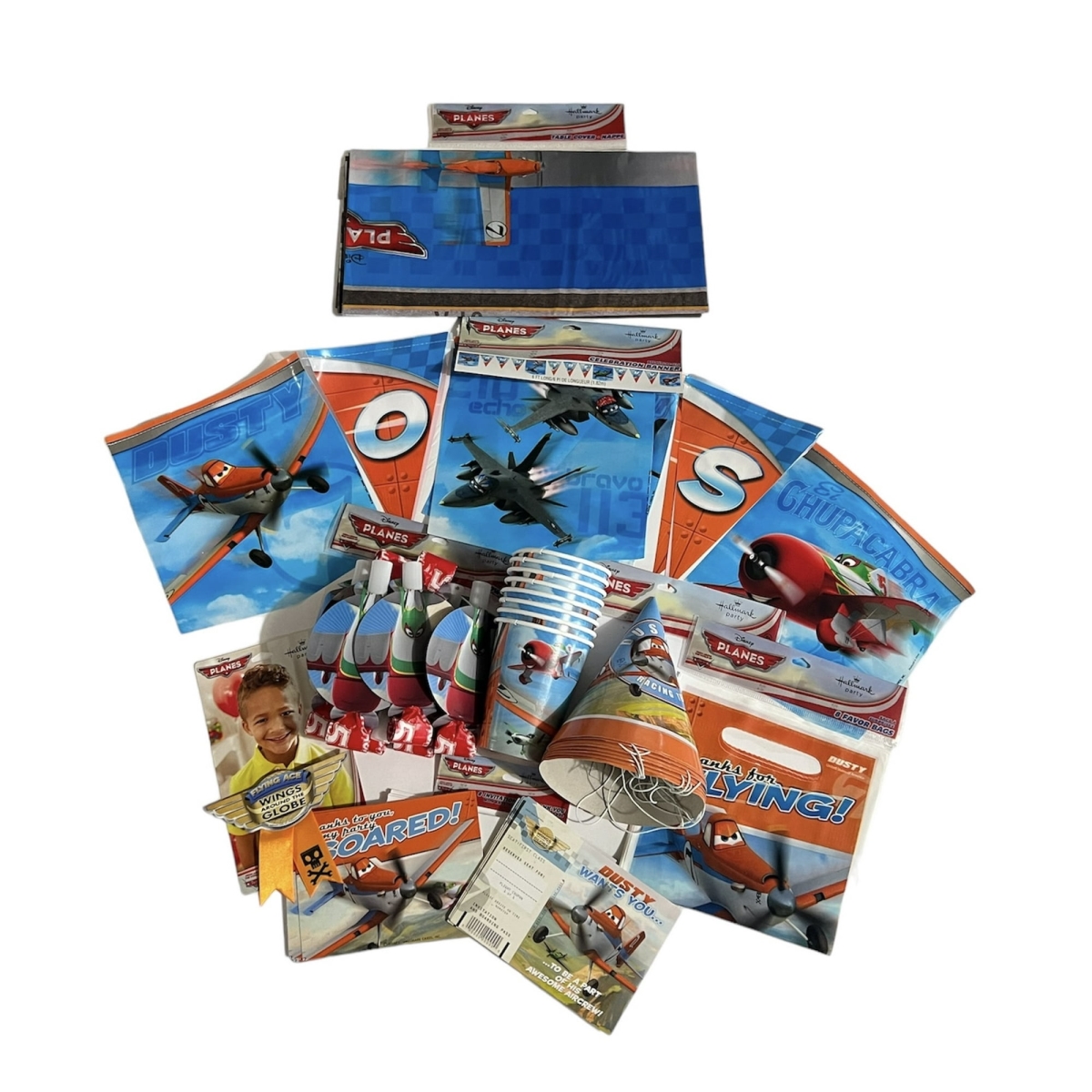 Picture of Hallmark 143192PMM570 Planes Party Bundle with Invites - Table Cover - Hats - Cups - Blow Outs - Banner - Treat Bags - Guest of Honor Ribbon
