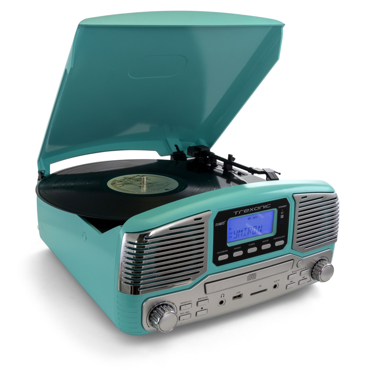 Picture of Trexonic TRX-16TRQ Retro Wireless Bluetooth&#44; Record & CD Player in Turquoise