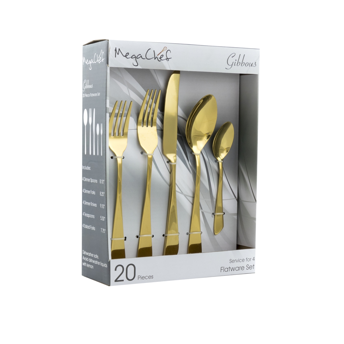 Picture of Megachef MCFW-GIBBOUS-GOLD 4 in. Gibbous Flatware Utensil Set with Stainless Steel Silverware Metal Service - Gold - 20 Piece