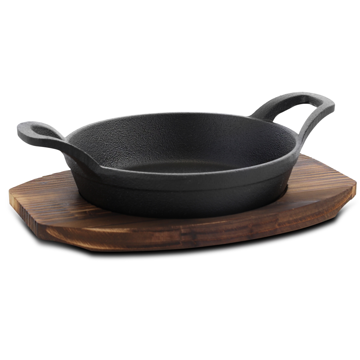 Picture of General Store 124971.02 7 in. Addlestone Pre-seasoned Oval Cast Iron Server with Burned Furwood Base - 2 Piece