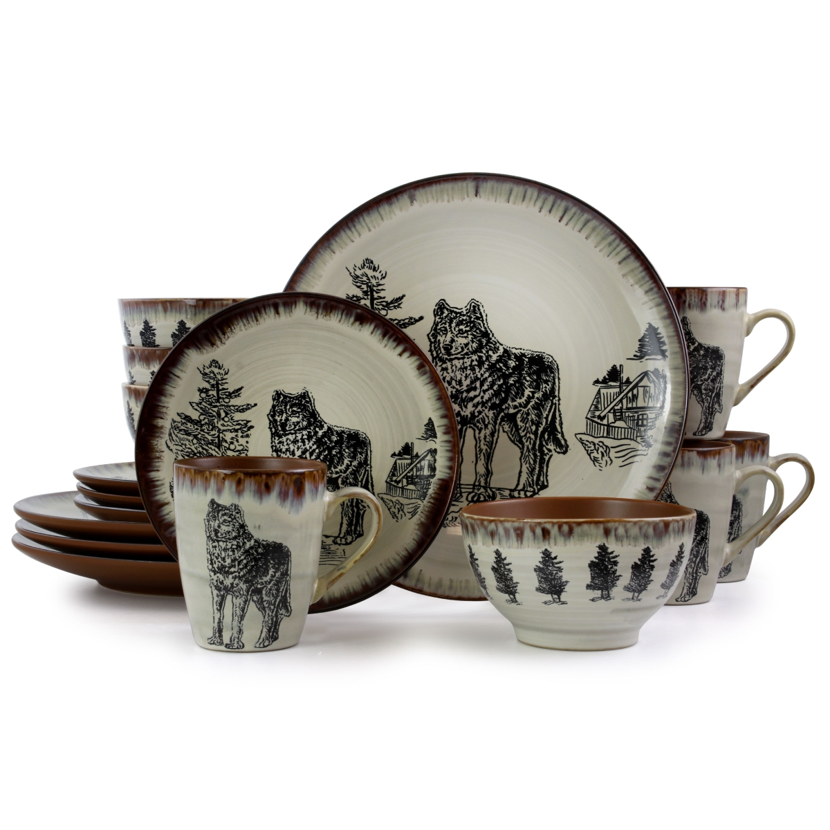 Picture of Elama EL-MAJESTICWOLF16 Majestic Wolf Luxurious Stoneware Dinnerware with Complete Setting for 4 - 16 Piece