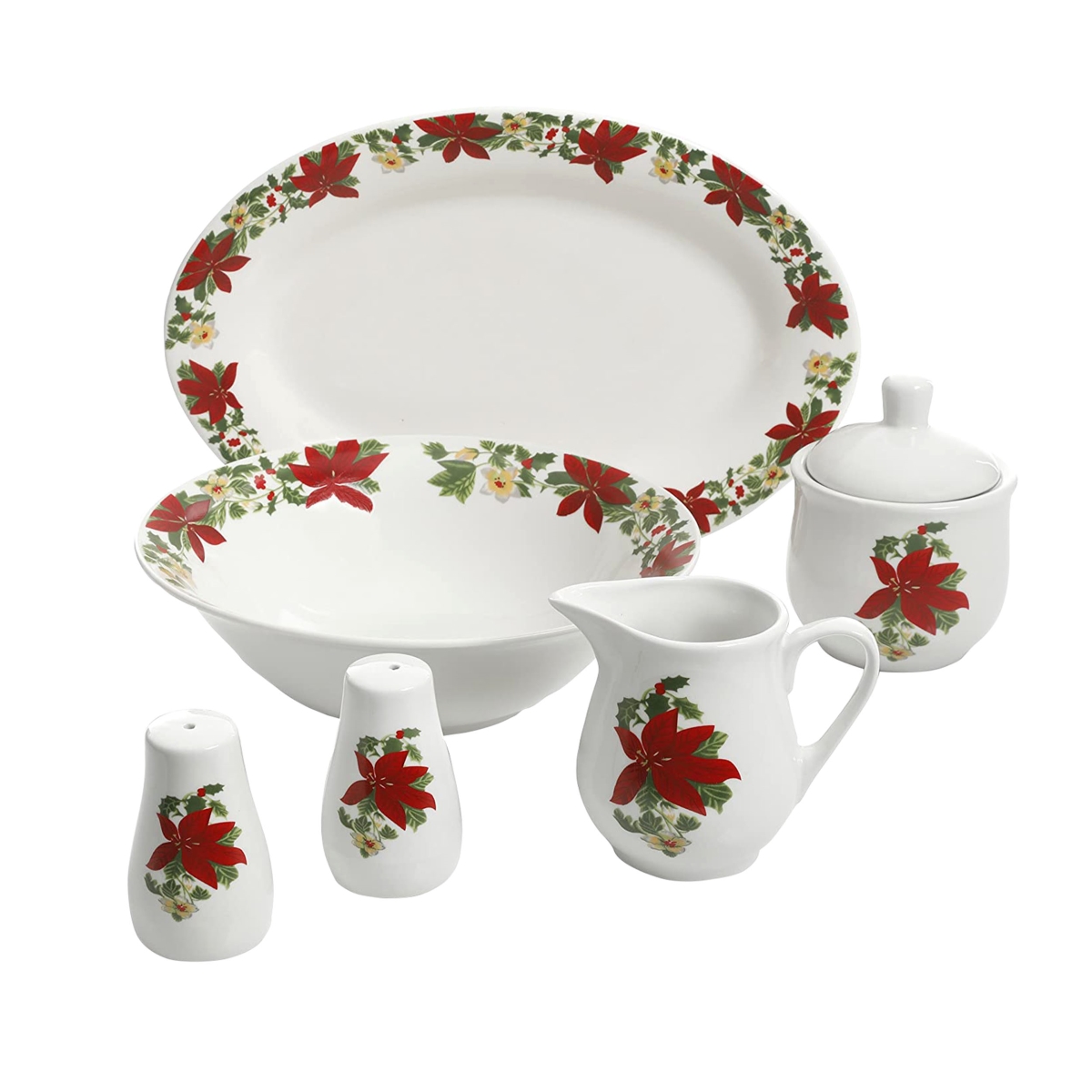 Picture of Gibson 99825.07R 7 Piece Poinsettia Porcelain Serving Set, Red