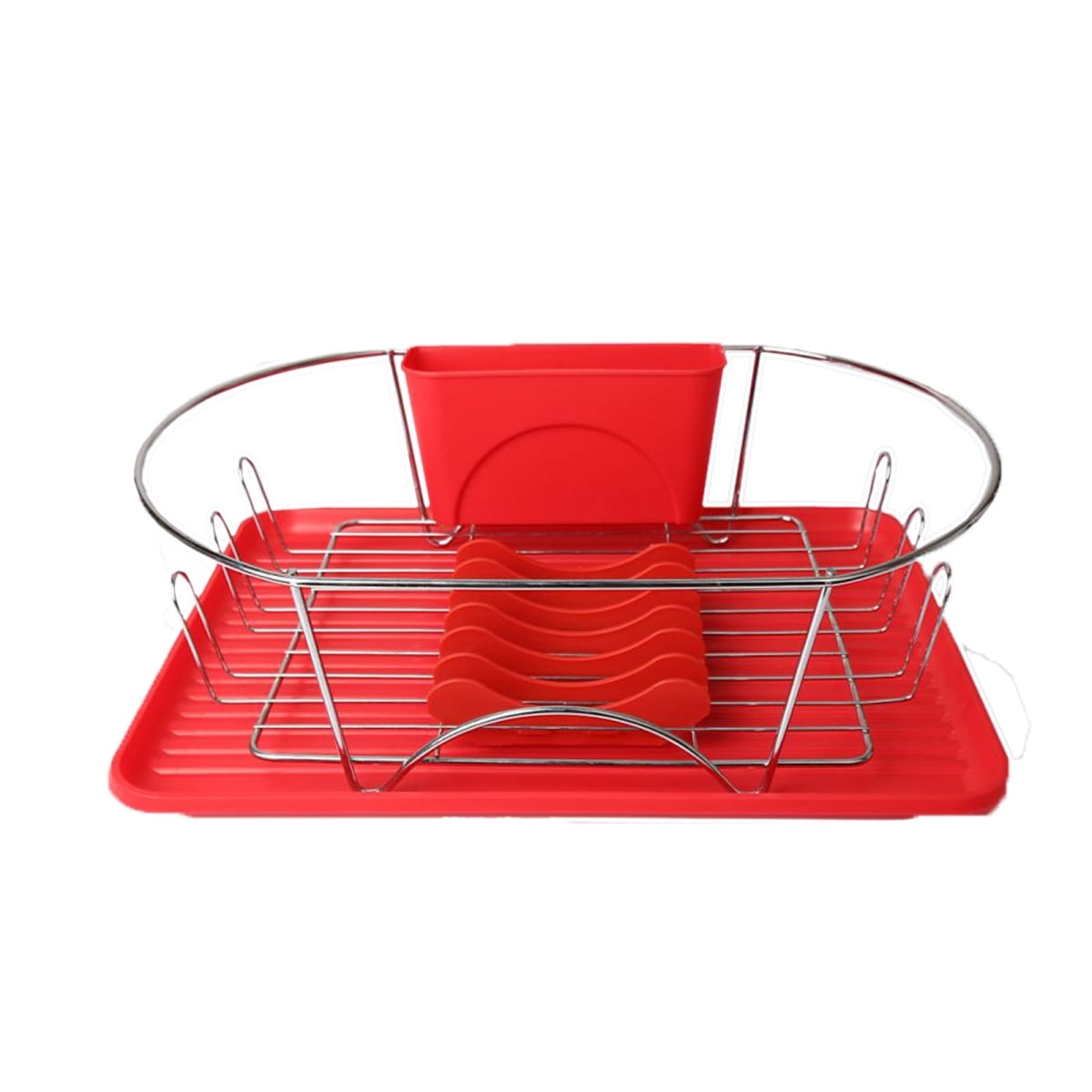 Picture of Megachef DR-115 17 in. Dish Rack with Detachable Utensil Holder & 6 Attachable Plate Positioner, Red & Silver