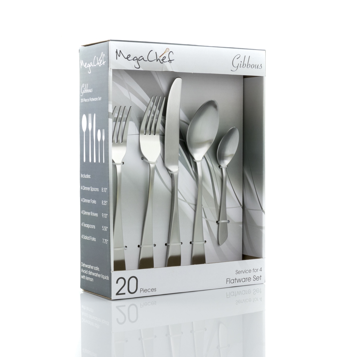 Picture of Megachef MCFW-GIBBOUS- MATTESILVER 4 in. Gibbous Flatware Utensil Set, Matte Silver - 20 Piece