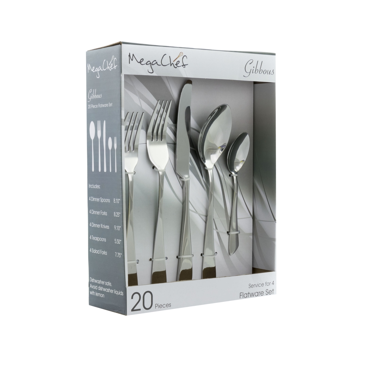 Picture of MegaChef MCFW-GIBBOUS-SILVER Gibbous Flatware Utensil Set, Stainless Steel - Silverware Metal Service for 4 in. Silver - 20 Piece