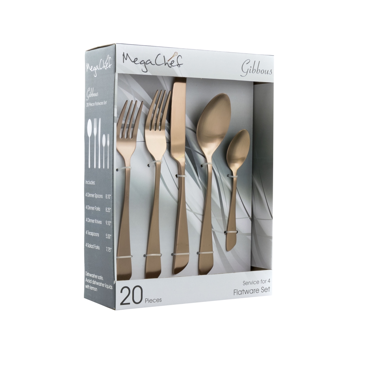 Picture of Megachef MCFW-GIBBOUS-ROSEGOLD 20 Piece Gibbous Flatware Utensil Set with Stainless Steel Silverware Metal Service, Rose Gold Matte
