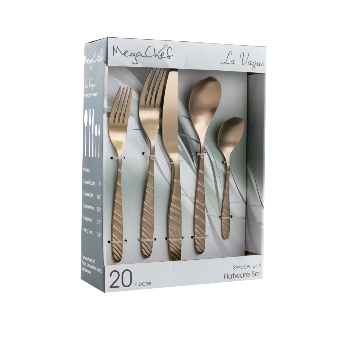 Picture of Megachef MCFW-LA VAGUE-MATTEROSEGOLD 20 Piece La Vague Flatware Utensil Set with Stainless Steel Silverware Metal Service, Matte Rose Gold