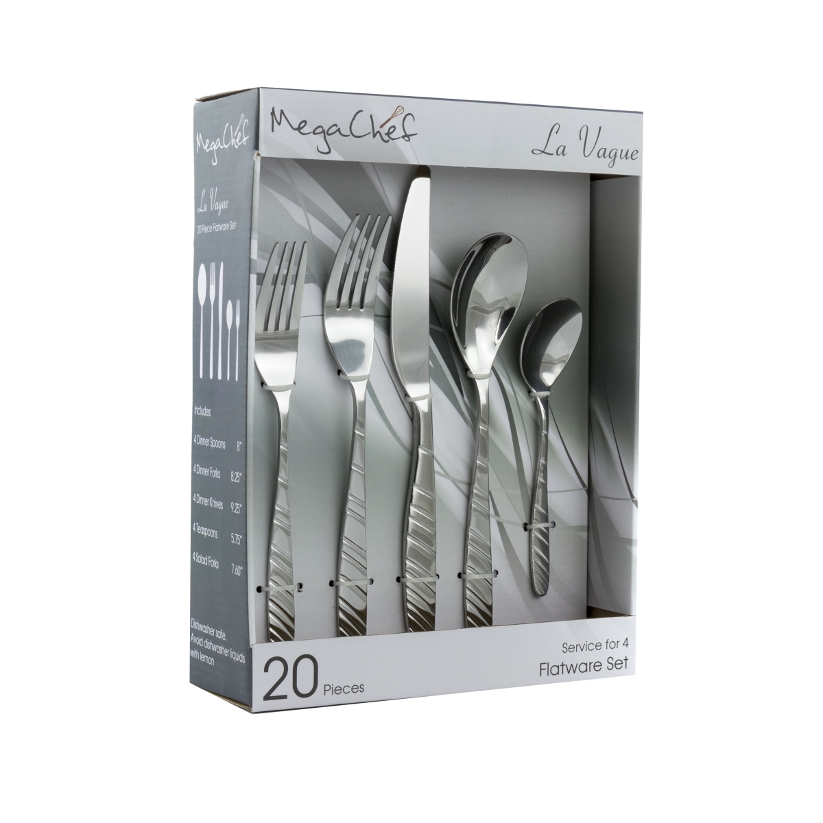 Picture of MegaChef MCFW-LA VAGUE-SILVER La Vague Flatware Utensil Set, Stainless Steel - Silverware Metal Service for 4 in. Silver - 20 Piece