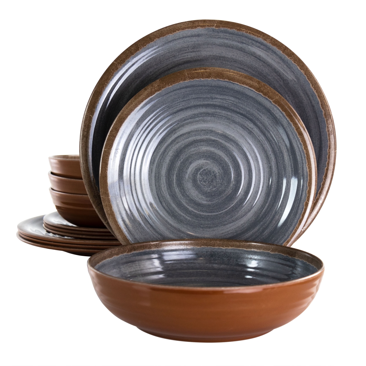 Picture of Elama EL-STONEOAK 12 Piece Stone Oak Lightweight Melamine Dinnerware Set, Black